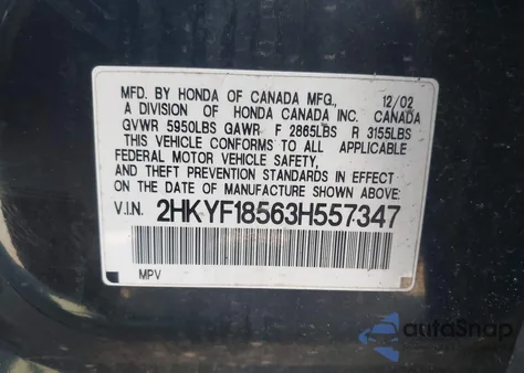 2003 Honda Pilot Ex-L z USA, uszkodzony, nr VIN 2HKYF18563H557347